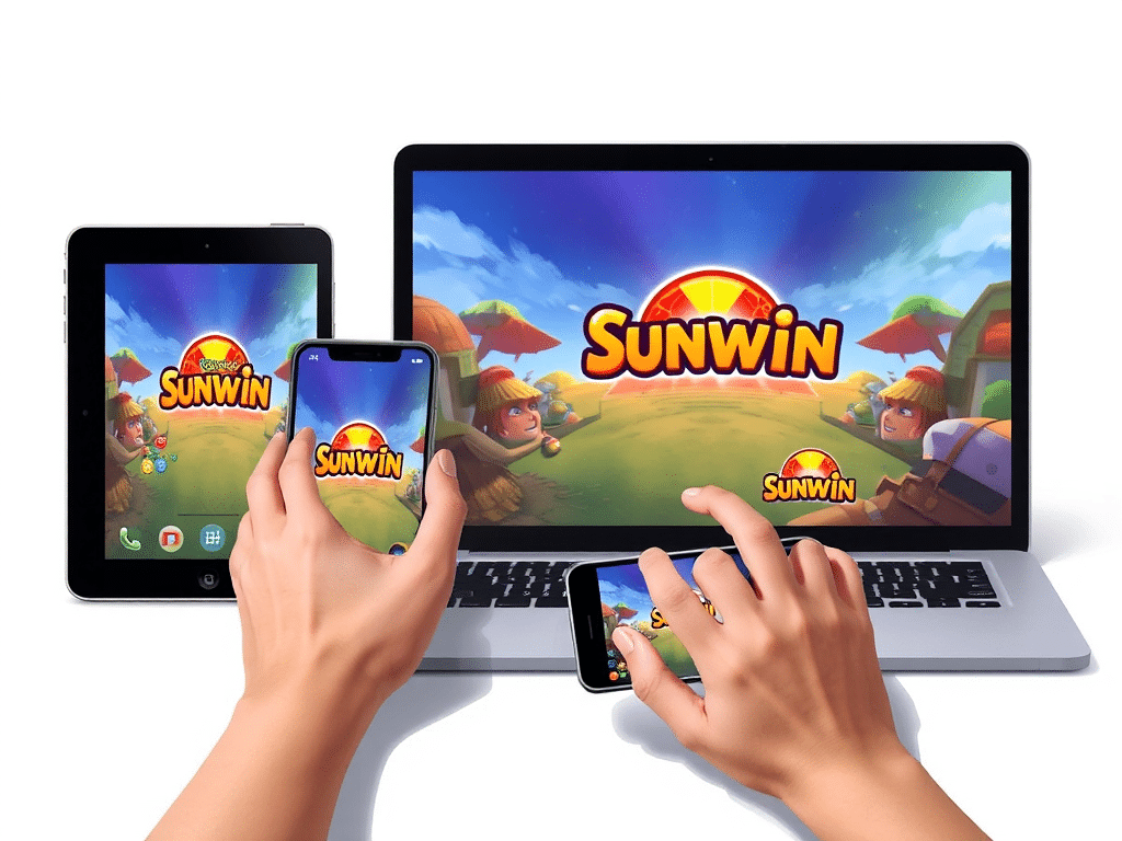 Giao diện cổng game Sunwin hiển thị trên điện thoại iOS, Android và laptop, cho thấy trải nghiệm đa nền tảng mượt mà, đồ họa sắc nét.