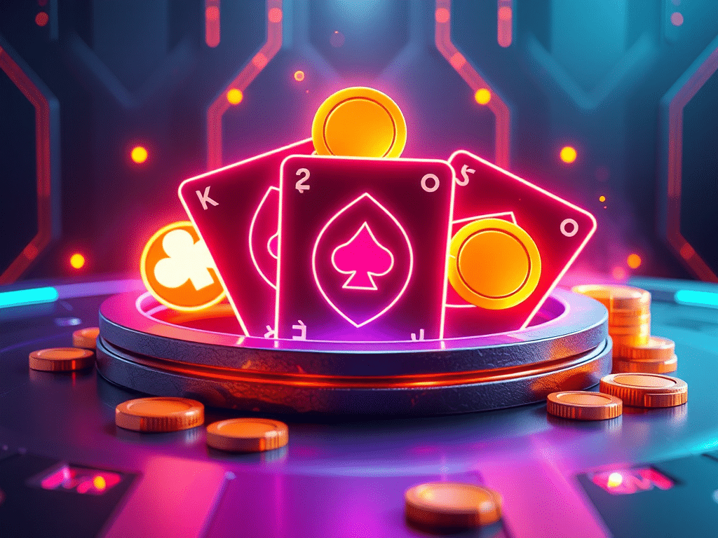 Giao diện kỹ thuật số hiện đại với các lá bài lấp lánh và chip vàng sang trọng minh họa cho vị thế cổng game Sunwin.