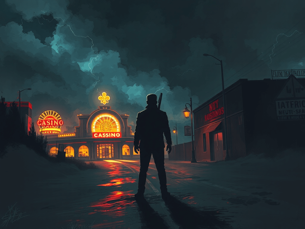 Hình ảnh người đứng trước ngã tư đường, một bên là sòng bạc sáng đèn, bên kia là hẻm tối, minh họa rủi ro pháp lý khi chơi game Sunwin.