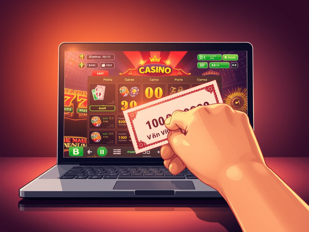 Minh họa cách **nhận code Sunwin tân thủ mới nhất 2026**: Tay cầm tiền 100.000 VND hướng vào màn hình laptop chơi game casino.