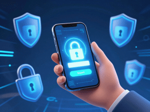 Bàn tay cầm điện thoại thông minh nhận thông báo mã OTP Sunwin 2026 an toàn, biểu tượng khóa và khiên bảo mật, hiệu ứng tốc độ nhanh, nền kỹ thuật số tương lai