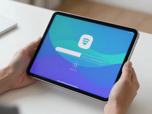 Bàn tay cầm iPad hiển thị quá trình tải và cài đặt Sunwin mượt mà, giao diện sáng rõ, minh họa sunwin có chơi được trên iPad không trong không gian hiện đại