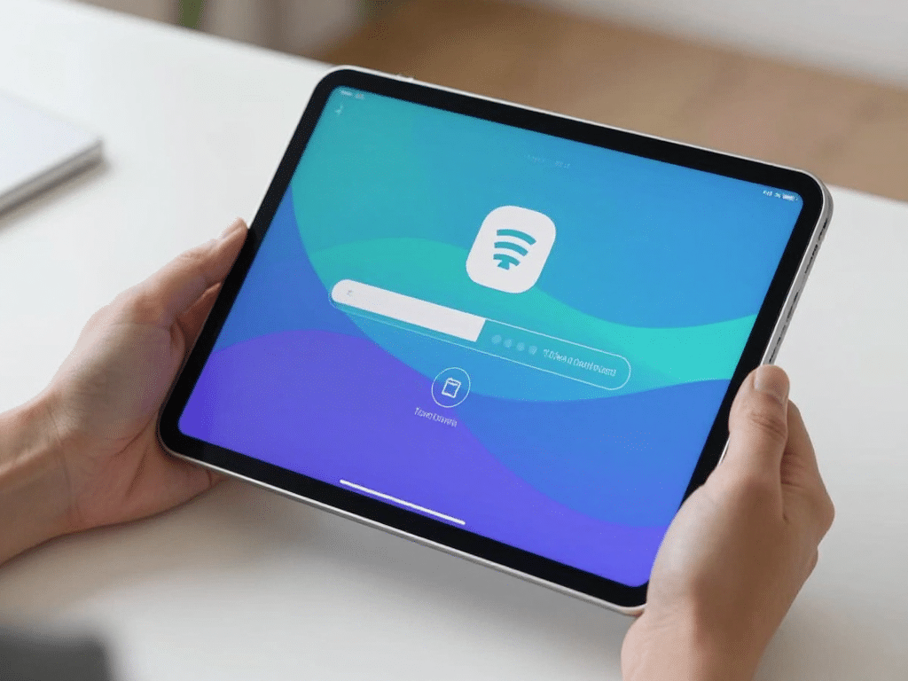 Bàn tay cầm iPad hiển thị quá trình tải và cài đặt Sunwin mượt mà, giao diện sáng rõ, minh họa sunwin có chơi được trên iPad không trong không gian hiện đại
