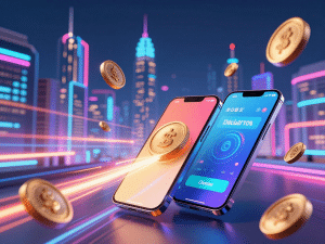 Điện thoại thông minh thực hiện giao dịch nạp rút ngân hàng siêu nhanh với vệt tốc độ phát sáng và đồng xu bay, nền tài chính neon tương lai 2026 cho Sunwin hỗ trợ ngân hàng nào 2026