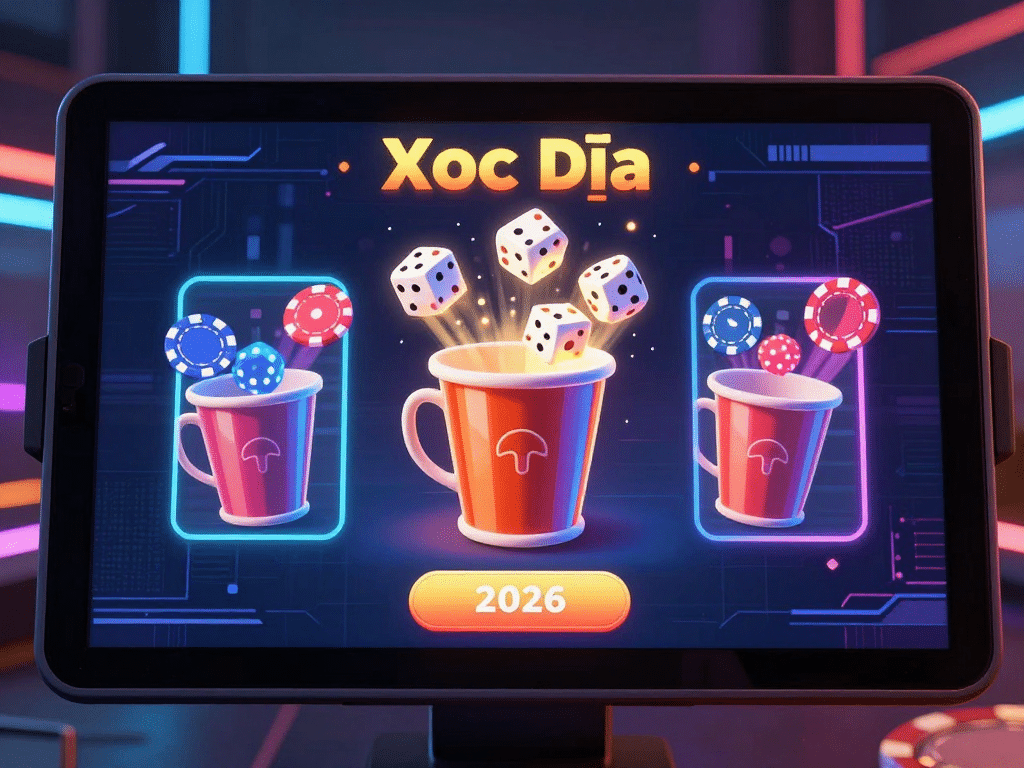 Giao diện xóc đĩa Sunwin trực tuyến 2026 hiện đại với cốc 3D lắc trên bàn ảo, chip cược neon sáng, hiệu ứng tương lai sống động trên màn hình cảm ứng