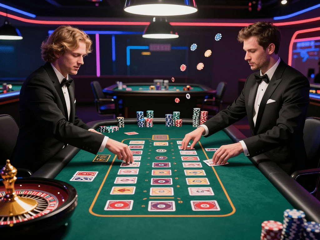 Hình ảnh minh họa sunwin so với 68 game bài 2026: Hai dealer live casino đối đầu chia bài tại bàn chơi sôi động với roulette và ánh sáng neon rực rỡ