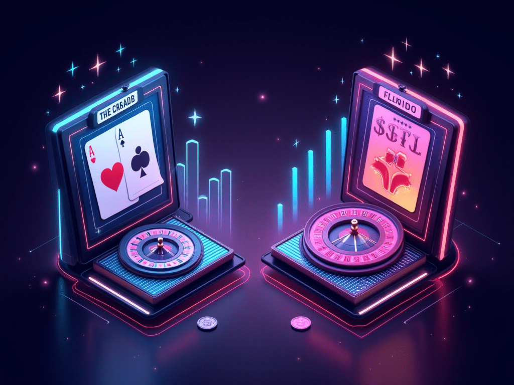 Hình ảnh minh họa sunwin so với ku casino 2026 hiển thị trò chơi bài, slot, roulette và biểu đồ so sánh tỷ lệ trả thưởng trên màn hình kỹ thuật số neon rực rỡ