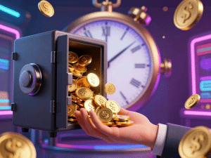 Hình ảnh minh họa thời gian rút tiền Sunwin nhanh chóng với đồng xu vàng tuôn ra từ két sắt kỹ thuật số vào tay người dùng, đồng hồ quay vùn vụt nền casino rực rỡ