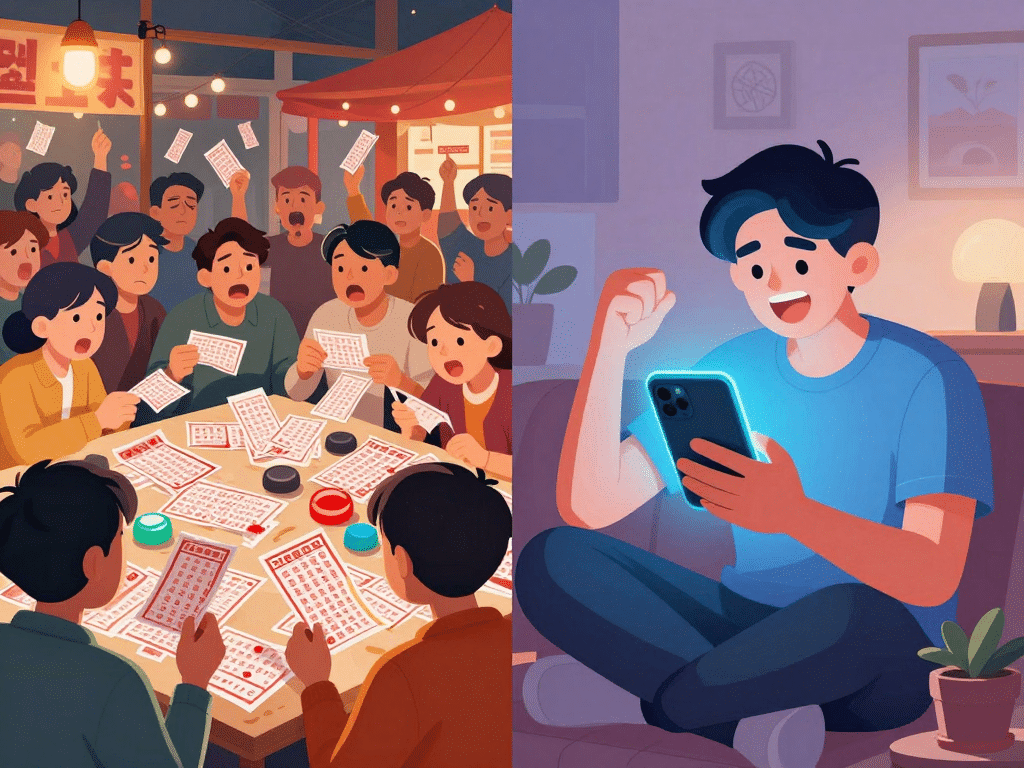 Hình ảnh so sánh lô đề sunwin tỷ lệ 1 ăn 99: bên trái chợ truyền thống đông đúc thất vọng, bên phải người chơi hiện đại hân hoan thắng lớn trên smartphone sang trọng