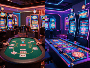 Hình ảnh so sánh Sunwin so với 68 Game Bài 2026: hai hệ sinh thái cá cược rực rỡ, một bên hiện đại với game bài cổ điển, bên kia futuristic neon sáng