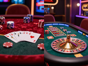 Hình ảnh so sánh Sunwin so với Ku Casino 2026 với bộ bài poker bên trái và bàn roulette casino trực tuyến bên phải, ánh sáng neon rực rỡ, không khí sang trọng sôi động