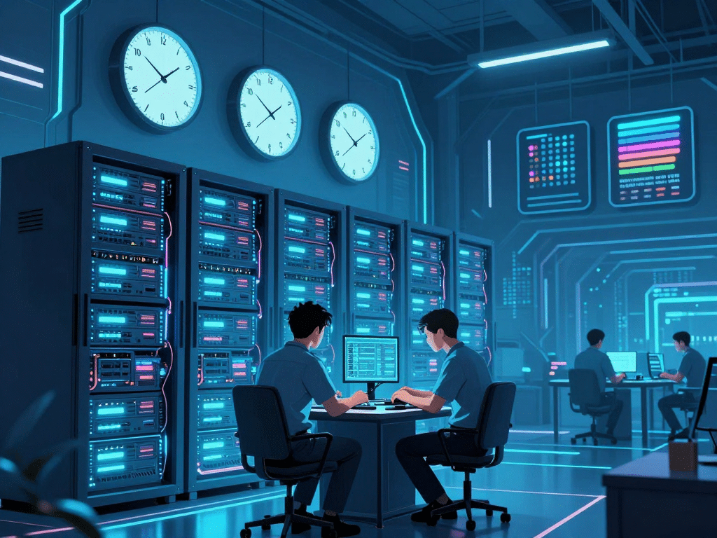 Kỹ thuật viên IT bảo trì máy chủ trong trung tâm dữ liệu hiện đại với đồng hồ lớn và lịch trừu tượng năm 2026, minh họa sunwin bảo trì đến mấy giờ
