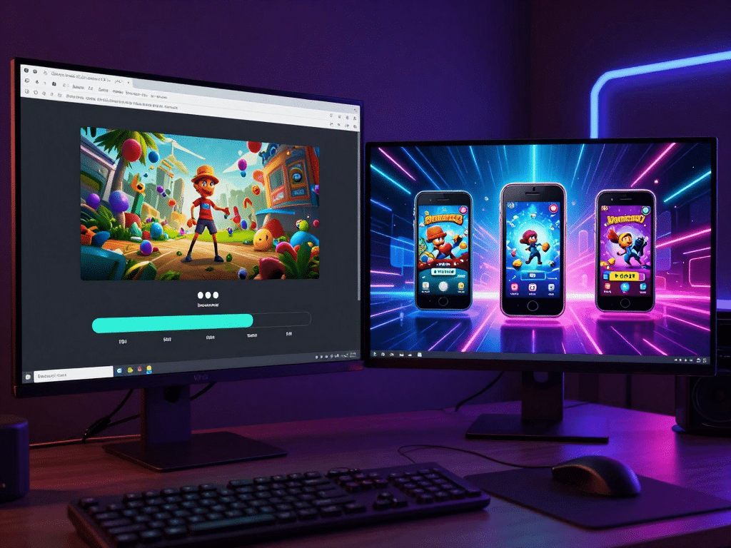 Màn hình máy tính PC 2026 hiển thị quá trình tải Sunwin qua trình duyệt và chạy trên giả lập, giao diện hiện đại với thanh tiến trình tải và cửa sổ giả lập mượt mà