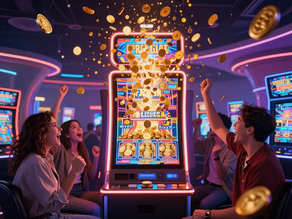 Máy nổ hũ Sunwin Jackpot 2026 phun trào tiền vàng rực rỡ trong sòng bạc tương lai, người chơi reo hò phấn khích dưới ánh neon sống động