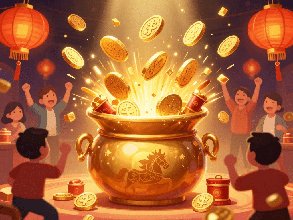 Minh họa chậu hũ jackpot Sunwin 2026 nổ tung phun tiền vàng, người chơi phấn khích bên đèn lồng Tết Bính Ngọ và hình ngựa lễ hội
