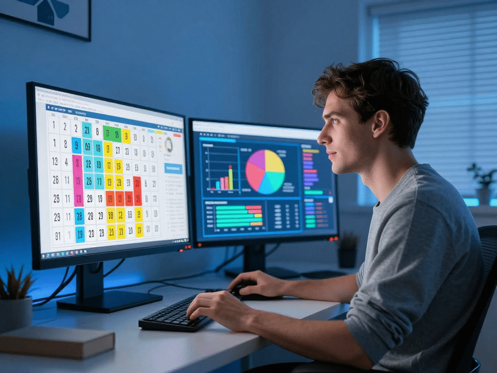 Người chơi lô đề Sunwin tỷ lệ 1 ăn 99 phân tích biểu đồ số liệu trên nhiều màn hình máy tính trong văn phòng hiện đại, ánh sáng xanh động