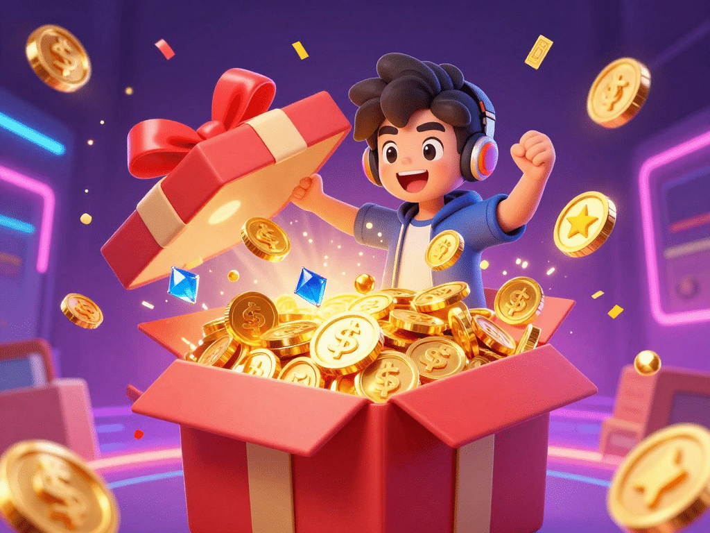 Người chơi tân thủ hào hứng mở hộp quà lớn chứa đầy xu vàng, trang sức và ưu đãi giftcode sunwin tân thủ 2026, minh họa sống động rực rỡ