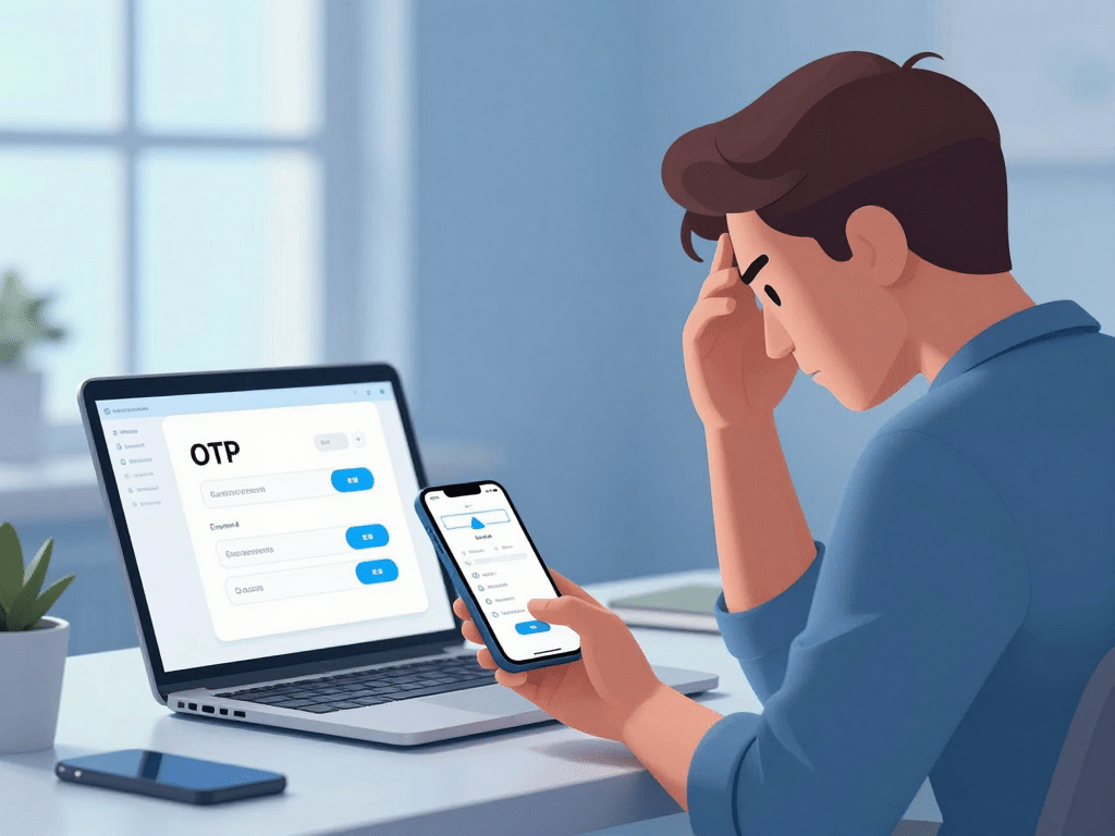 Người dùng đang khắc phục lỗi không nhận mã OTP Sunwin 2026 trên điện thoại và laptop, kiểm tra thông báo trong văn phòng hiện đại