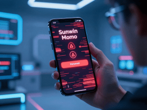 Người dùng đang xử lý lỗi sunwin nạp tiền qua momo bị lỗi trên màn hình smartphone, hiệu ứng glitch đỏ, biểu tượng cảnh báo, không gian lab công nghệ tương lai 2026