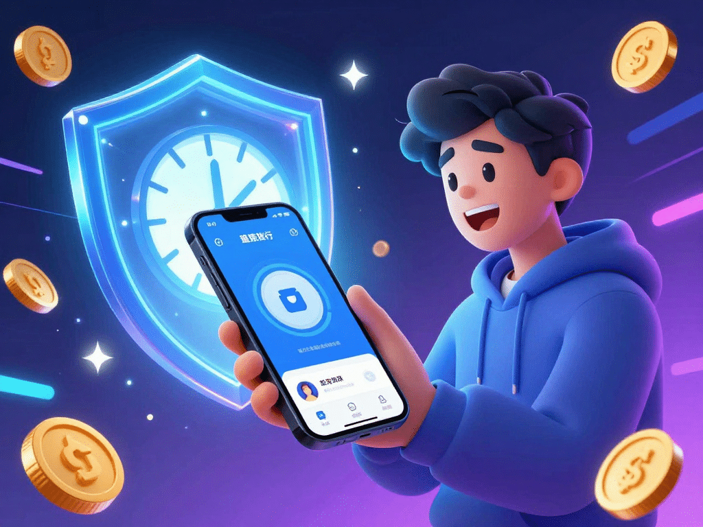 Người dùng hứng thú liên kết số điện thoại Sunwin trên điện thoại thông minh, biểu tượng khóa bảo mật và đồng xu thưởng sáng rực, đồng hồ thúc giục, phong cách minh họa kỹ thuật số sống động