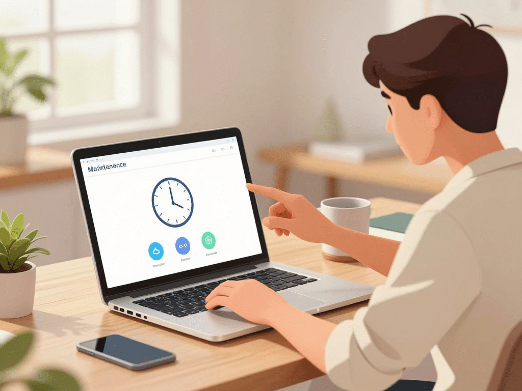Người dùng kiểm tra trạng thái sunwin bảo trì đến mấy giờ trên laptop với đồng hồ và biểu tượng mạng, văn phòng gia đình hiện đại ấm cúng