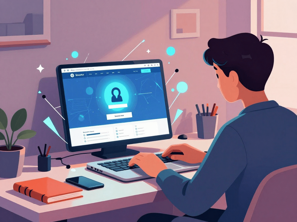 Người dùng trẻ truy cập Sunwin bản web 2026 trên laptop không bị chặn, rào cản vỡ và biểu tượng khóa mở, minh họa kỹ thuật số hiện đại