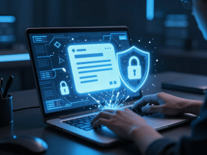 Người dùng xóa tài khoản Sunwin vĩnh viễn trên màn hình laptop sáng rực, biểu tượng khóa vỡ và khiên bảo mật kích hoạt, nền cyberpunk tối với ánh sáng neon xanh