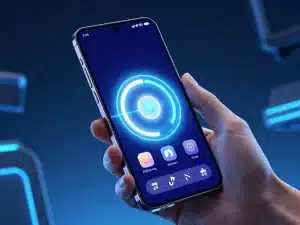 Bàn tay cầm điện thoại Samsung 2026 đang tải Sunwin nhanh chóng, màn hình sáng rực với hiệu ứng tải xuống và biểu tượng ứng dụng, phong cách công nghệ tương lai