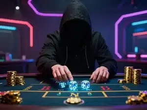 Cao thủ ẩn danh bí ẩn lắc xúc xắc tài xỉu trên bàn casino sang trọng, chồng chip vàng thắng lớn, ánh sáng neon rực rỡ phong cách tương lai 2026