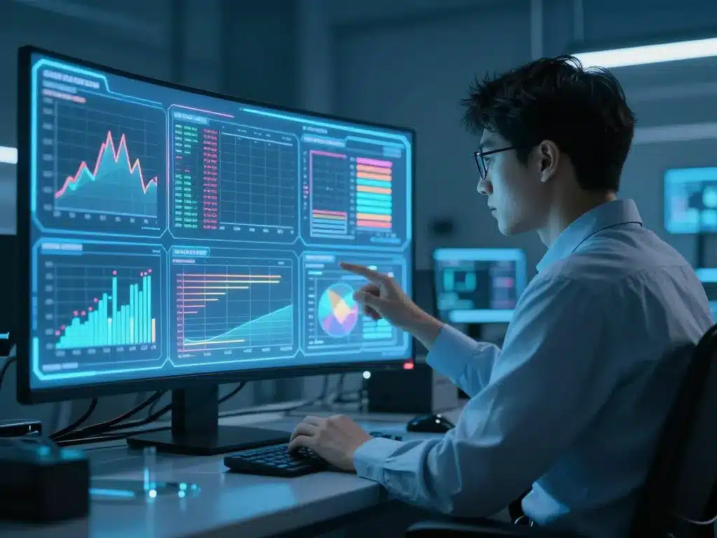 Chuyên gia phân tích biểu đồ lịch sử phiên Sunwin trên màn hình holographic trong phòng lab công nghệ 2026, ánh sáng xanh neon, phong cách tương lai