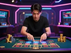 Chuyên gia tự tin phân tích dự đoán xóc đĩa Sunwin 2026 trên bàn holographic futuristic, ánh sáng neon rực rỡ, chip vàng xếp chồng cao trong sòng bạc cyberpunk
