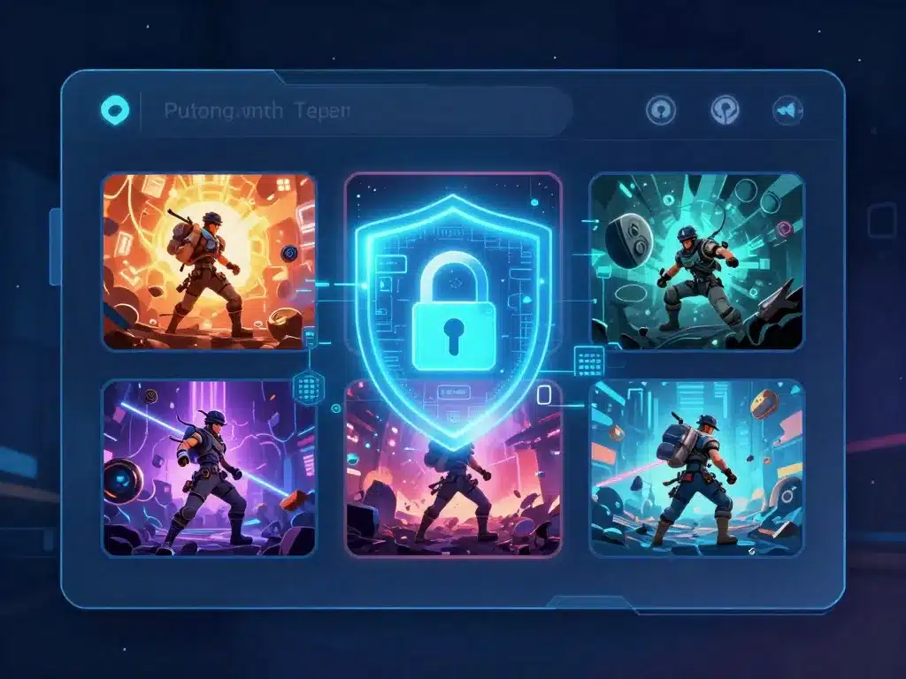 Giao diện web Sunwin bản 2026 hiển thị kho game đa dạng được bảo vệ bởi khiên an ninh kỹ thuật số, ánh sáng neon xanh, phong cách minh họa cyberpunk