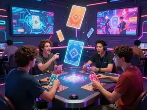 Người chơi hứng khởi tham gia giải đấu bài Sunwin 2026 trực tuyến, lá bài holographic bay lơ lửng trên màn hình, không gian gaming cyberpunk ánh sáng neon rực rỡ