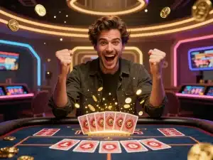 Người chơi phấn khích cầm bộ bài thắng lớn tại bàn casino công nghệ cao Sunwin 2026, tiền vàng tuôn rơi, ánh sáng neon rực rỡ, top game bài dễ ăn tiền nhất