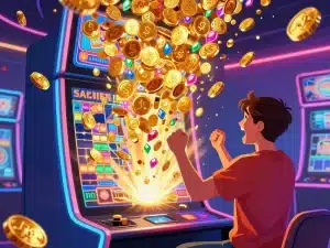 Người chơi trẻ hào hứng ăn mừng jackpot khủng bùng nổ trên máy nổ hũ Sunwin 2026, tiền xu vàng phun trào, ánh sáng neon casino rực rỡ hiện đại