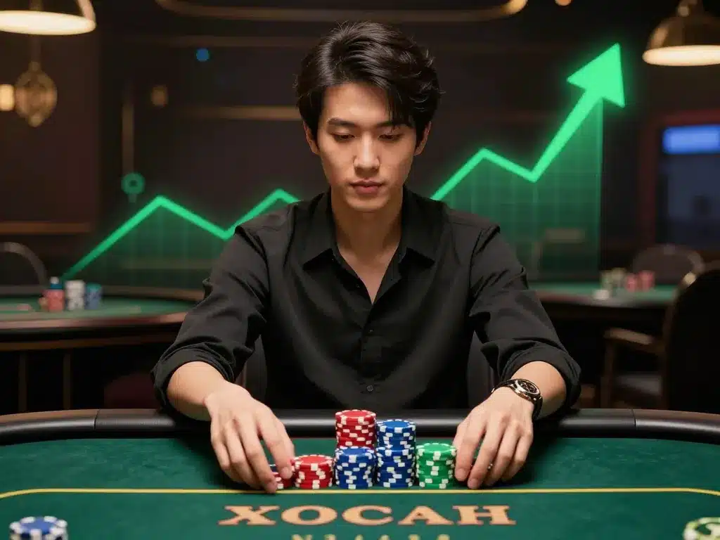 Người chơi xóc đĩa Sunwin tự tin quản lý vốn với chồng chip và biểu đồ tăng trưởng, biểu cảm bình tĩnh trong không khí casino bí kíp soi cầu xóc đĩa sunwin 2026