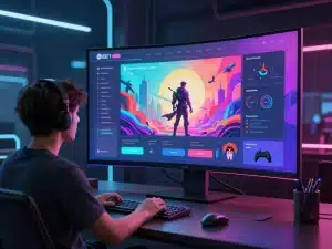 Người dùng trải nghiệm Sunwin bản web 2026 mượt mà trên màn hình cong lớn, giao diện game trực tuyến tương lai với hiệu ứng neon sống động, không gian công nghệ cao