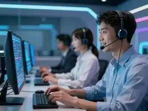 Nhân viên hỗ trợ tổng đài Sunwin 24/7 mới nhất 2026 đeo tai nghe tại trung tâm hiện đại, màn hình sáng, không khí chuyên nghiệp năng động