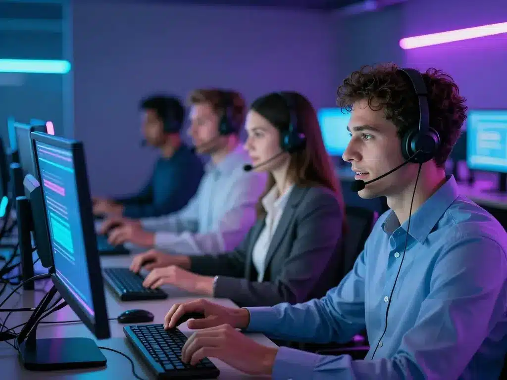 Nhân viên tổng đài hỗ trợ Sunwin 24/7 mới nhất 2026 tư vấn khách hàng qua điện thoại và màn hình máy tính trong trung tâm hiện đại sôi động