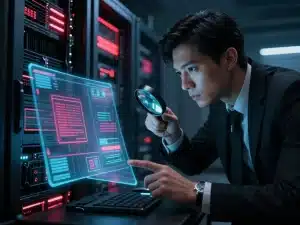 Thám tử soi kính lúp vào hologram nền tảng trực tuyến Sunwin bị sập 2026 trong phòng máy chủ tối tăm, ánh sáng neon đỏ rực, phong cách cyberpunk